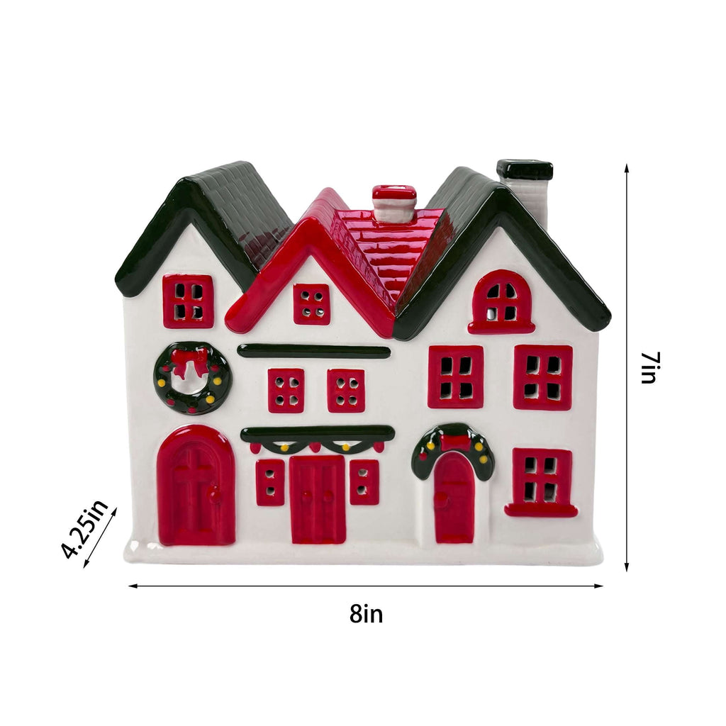 Light-Up Ceramic House Christmas Decoration, White/Red/Green, 7", by Holiday Time