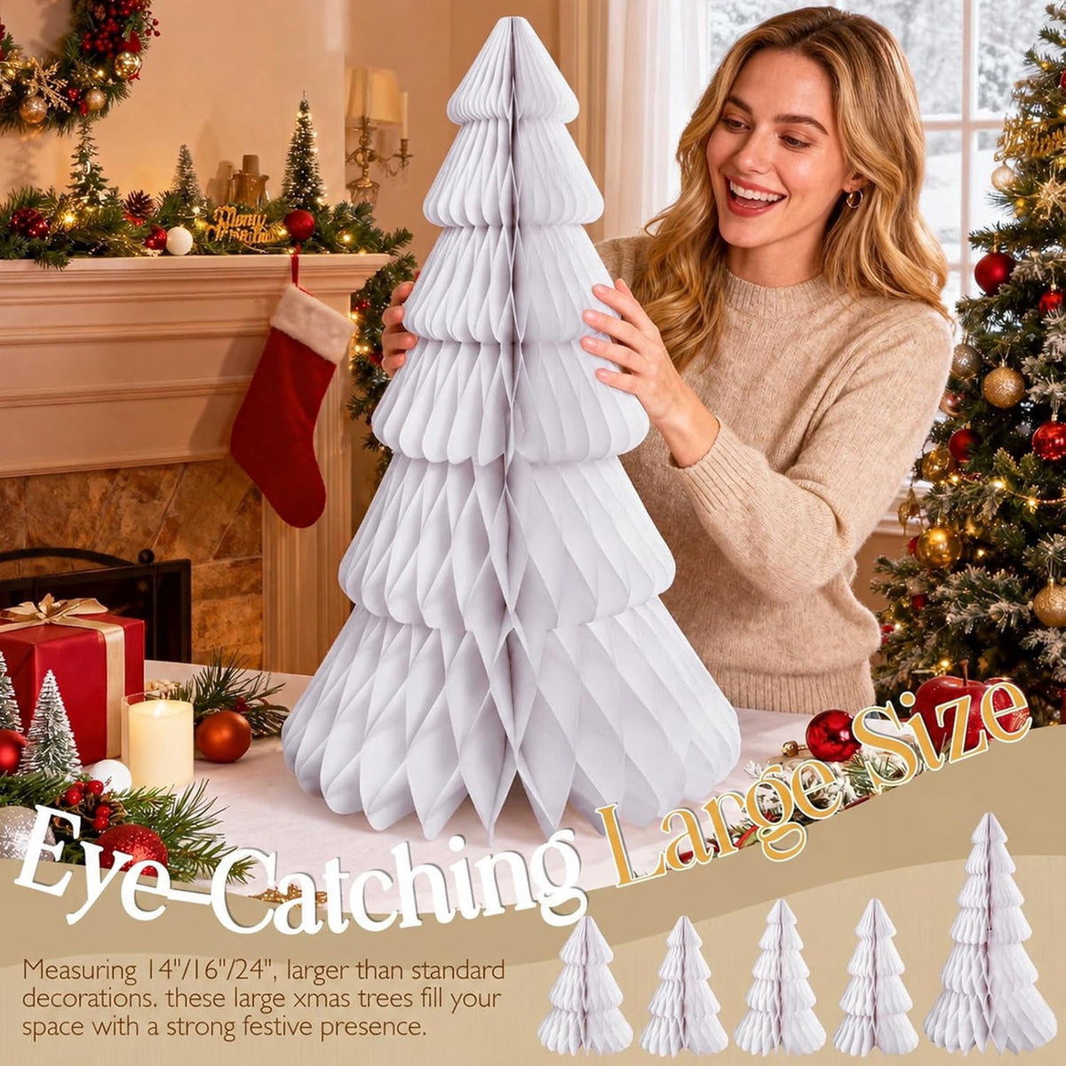 5 Pack Honeycomb Paper Christmas Trees, 3D Christmas Table Centerpieces for Mantel Tabletop Winter Home Decor