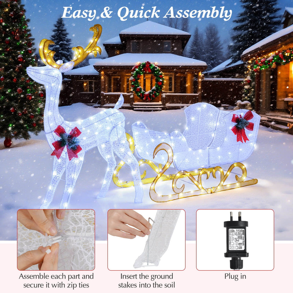 Costway 6 FT Christmas Lighted Reindeer & Santa's Sleigh W/ 215 LED Lights & 4 Stakes Gold
