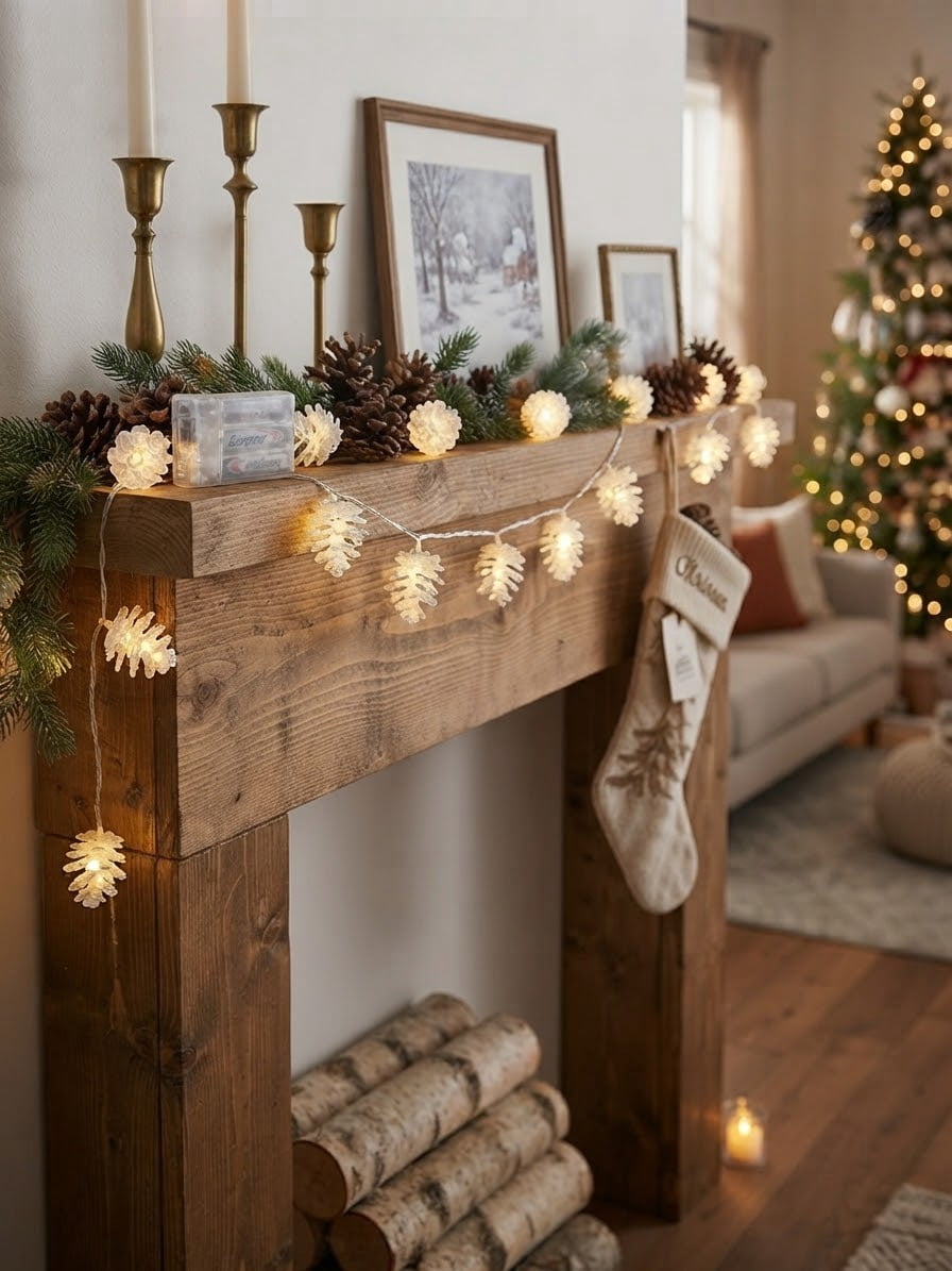 16 ft 50 LED Pinecone String Lights, Warm White Battery Operated Indoor Christmas Lights with 6 Adhesive Clips, TW Design