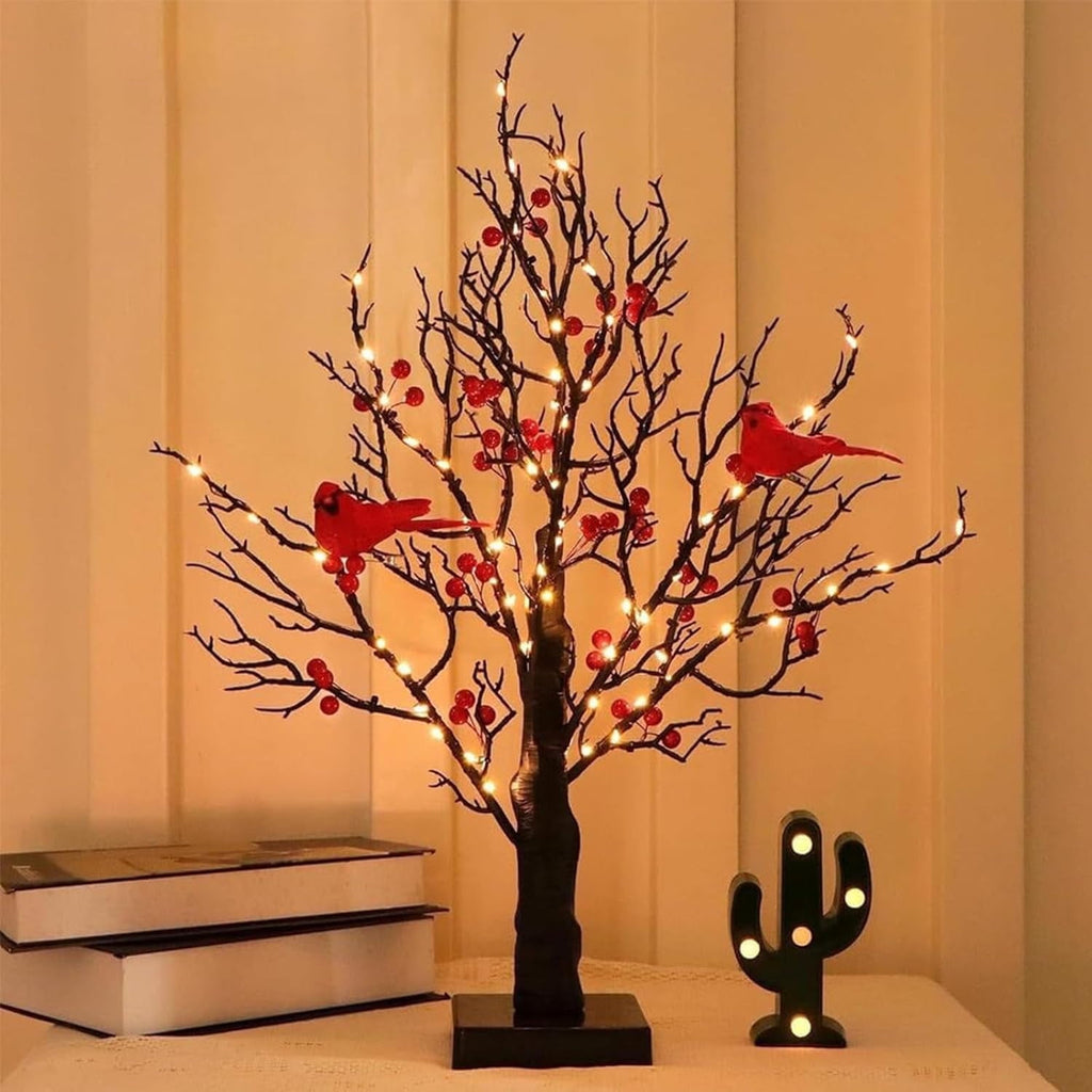 Vintage Glowing Tree with Cardinals, 21 in Little Red Bird Tree Light, New LED Mini White Birch Tree with Berries, Indoor Office Decor for Christmas, Halloween