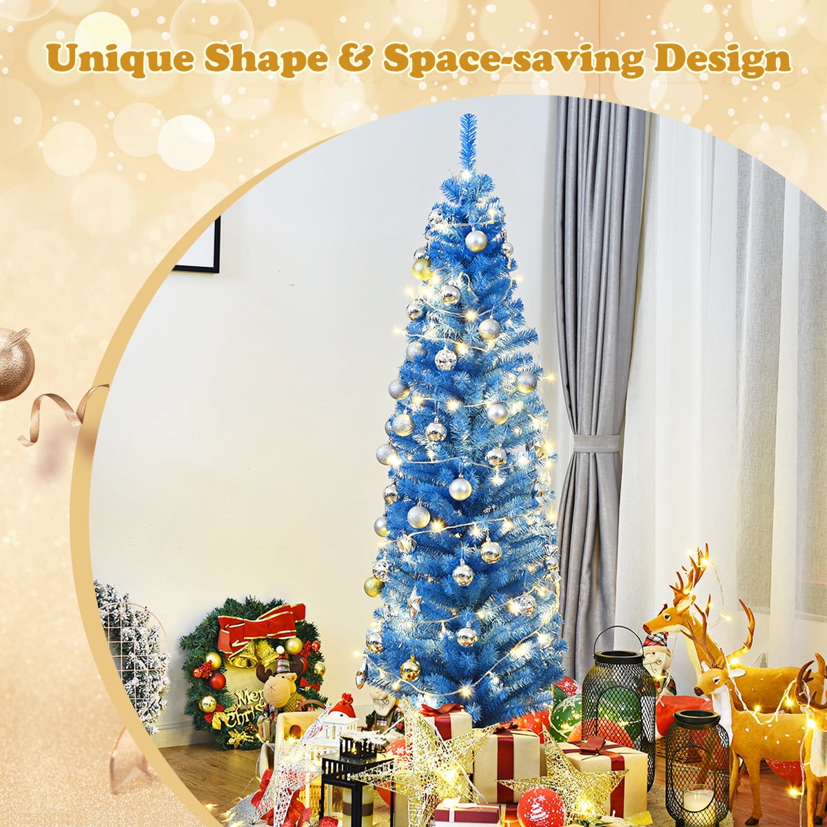 Gymax 6ft Pencil Artificial Christmas Tree Electroplate Pencil Tree (Blue)