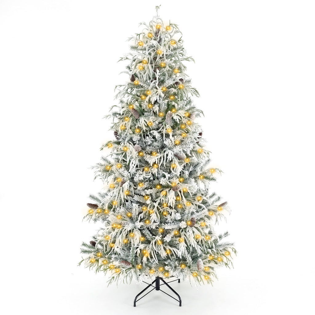 Costway 7 ft Flocked Cypress Christmas Tree with 710 Full PE Branch Tips, 350 LED Lights Sparse-Style White
