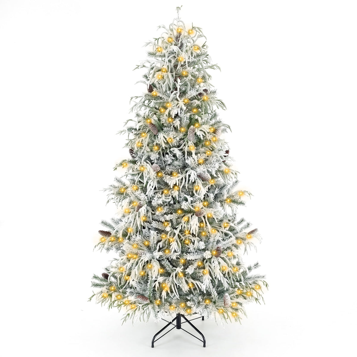 Costway 7 ft Flocked Cypress Christmas Tree with 710 Full PE Branch Tips, 350 LED Lights Sparse-Style White