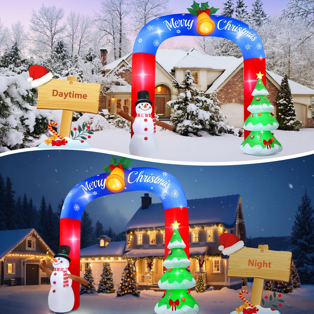 Yexmas 8FT Christmas Inflatable Archway,Christmas Blow Up Yard Decorations with Santa Claus and Snowman,Outdoor Christmas Decorations with Bow LED Lights