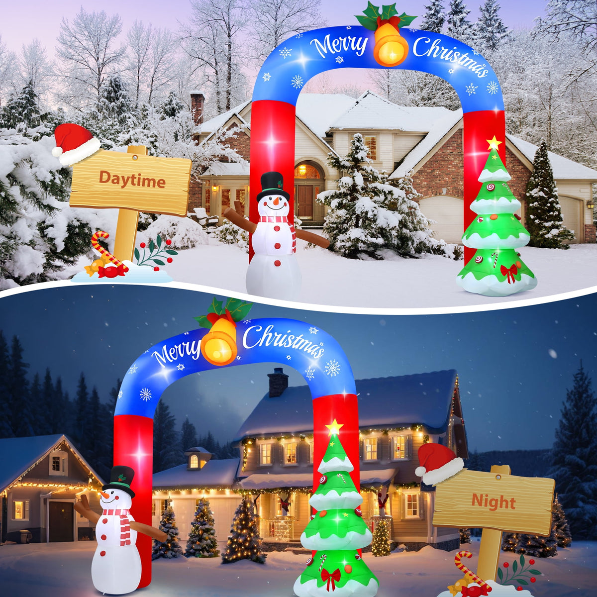 Yexmas 8FT Christmas Inflatable Archway,Christmas Blow Up Yard Decorations with Santa Claus and Snowman,Outdoor Christmas Decorations with Bow LED Lights