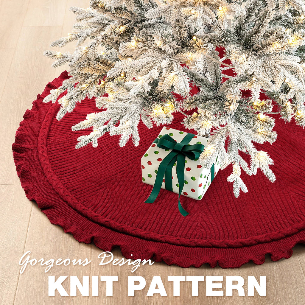 Ayieyill Christmas Tree Skirt, 48 inches Cable Knit Knitted Thick Rustic Xmas Tree Skirts Decoration, Red Tree Skirt Christmas Decoration, Burgundy