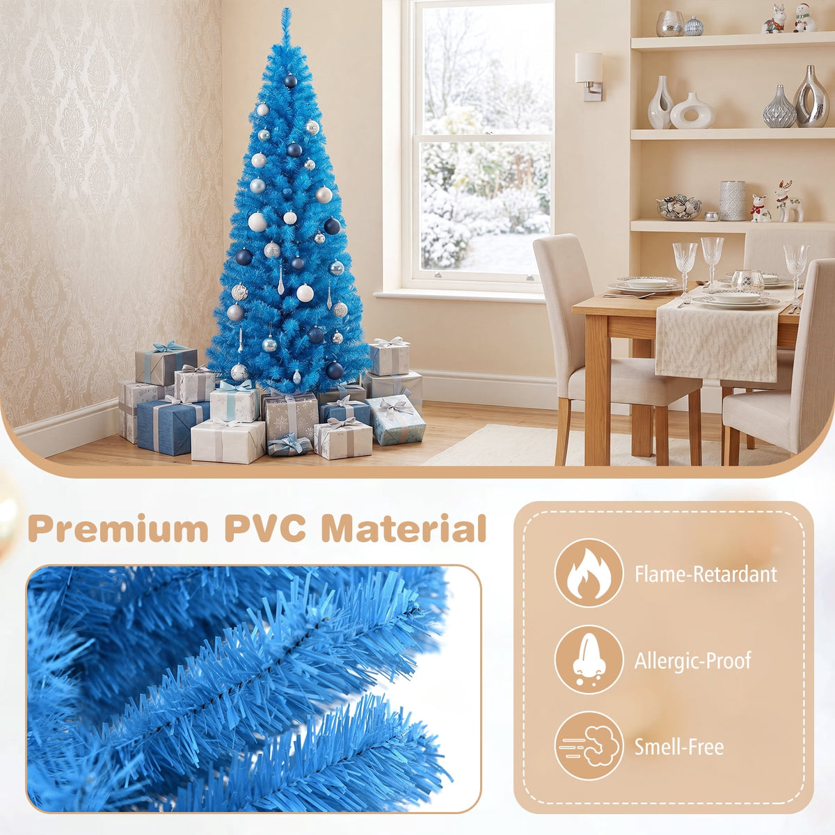 Patiojoy 6FT Blue Tinsel Artificial Pencil Christmas Tree w/ Sturdy Metal Stand Seasonal Holiday Decoration for Home, Party