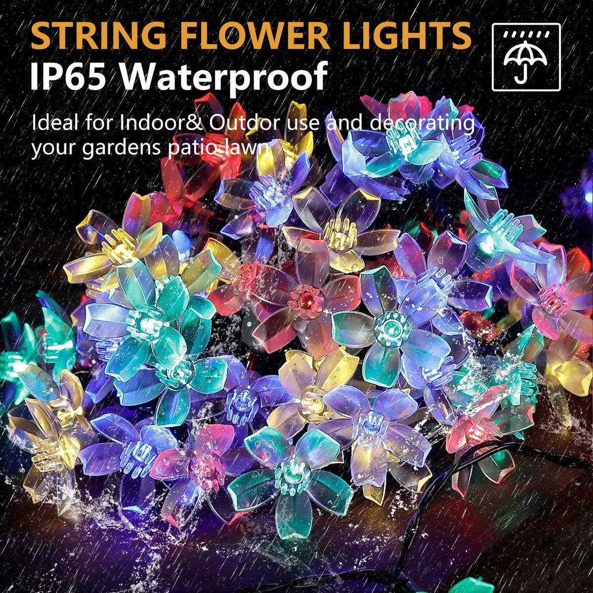 Rirool Cherry Blossom Solar String Lights Outdoor, 23FT 50 LED Flower Fairy Lights with 2 Lighting Modes, IP65 Waterproof Auto On/Off for Garden Patio Wedding Christmas Decor, Multicolor