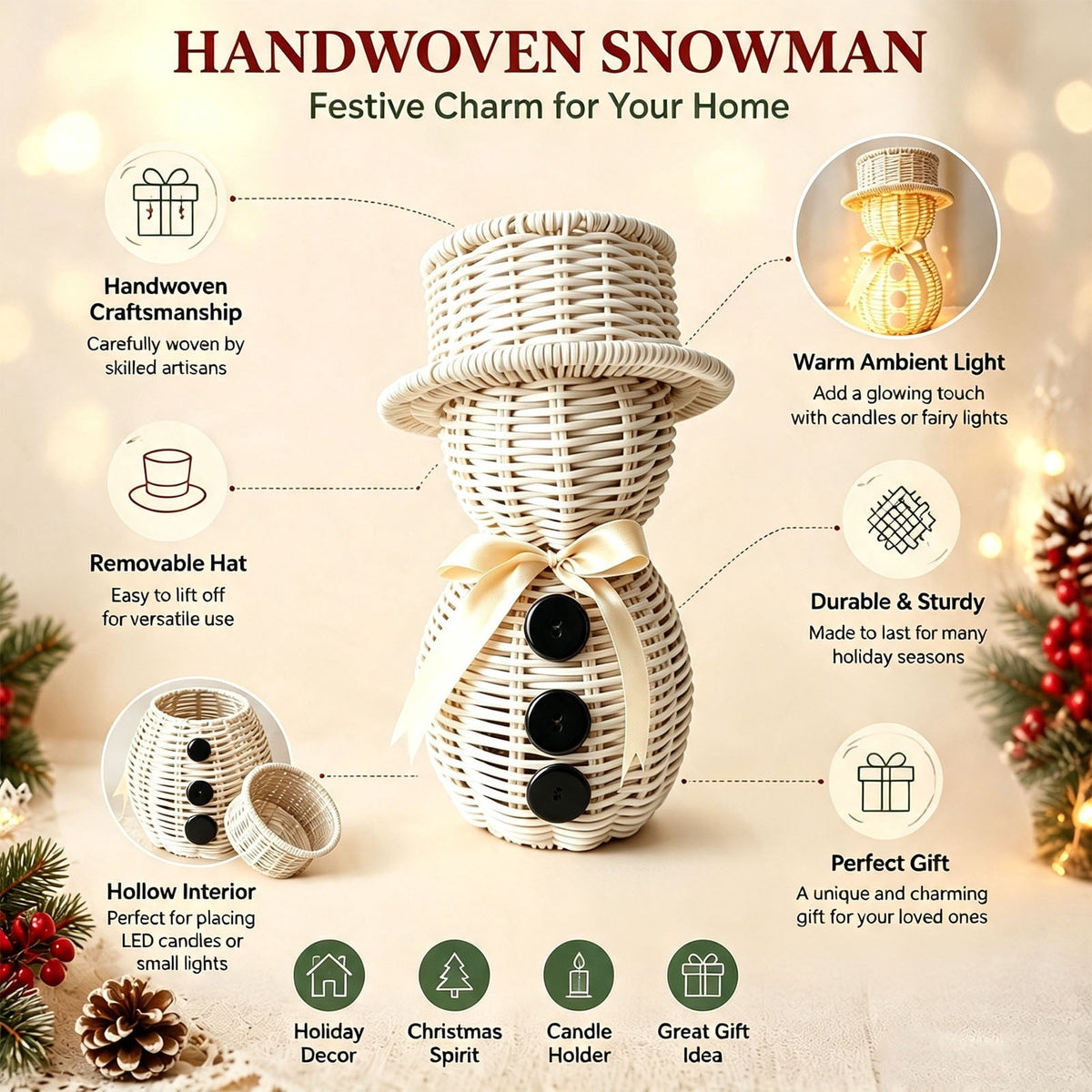 FeiBiQiuBi 14.9" Resin Rattan Style Snowman, Rustic Snowman Decorations with Bow, Woven Natural Style Freestanding Design Winter Farmhouse Decor for Home Kitchen Garden, Holiday Table Mantel Decor