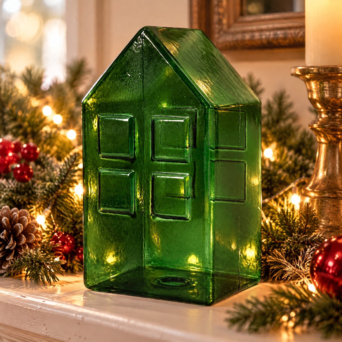 Glass House Christmas Decoration, Green, 7.5", by Holiday Time