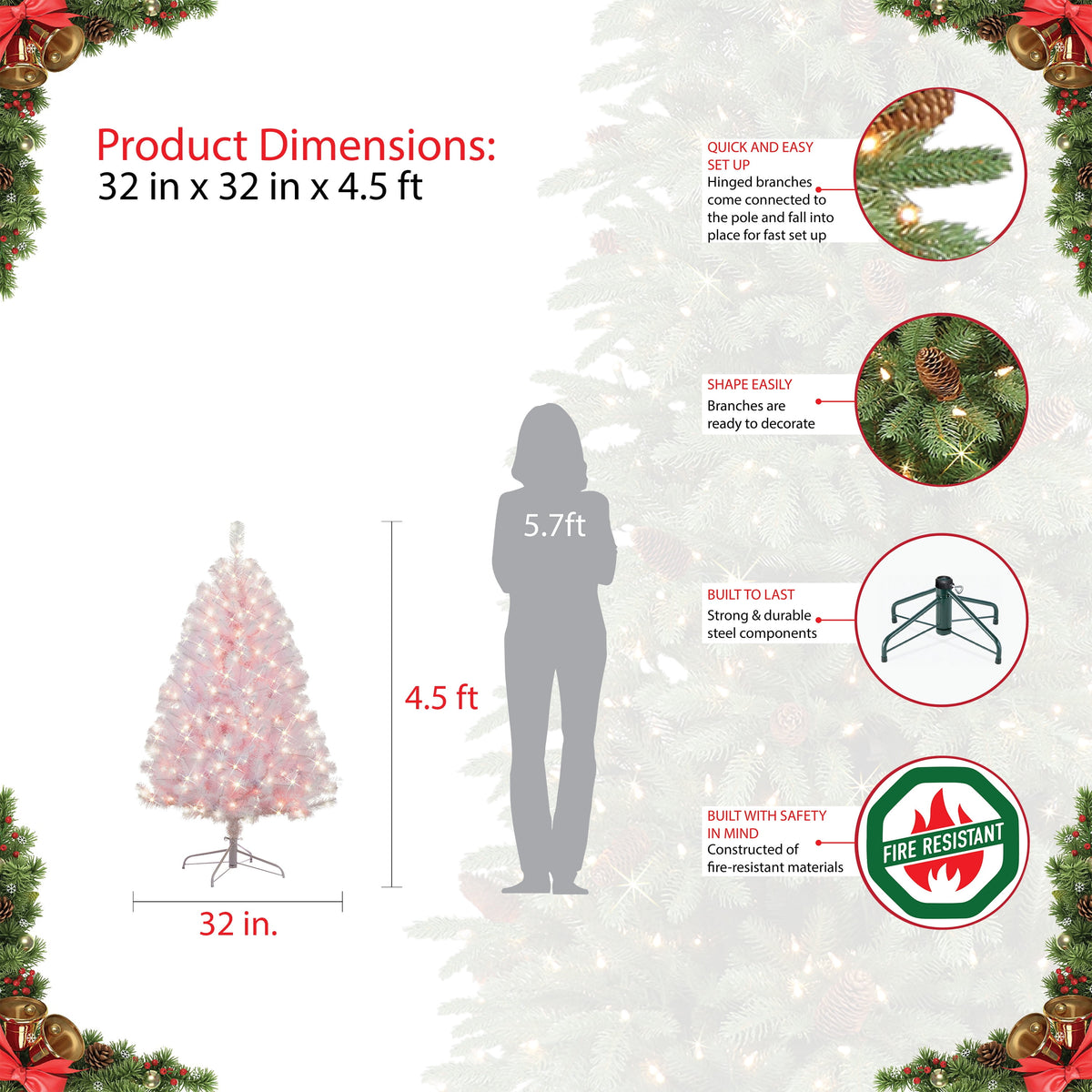 Puleo International 4.5 ft Pre-Lit Shiny White Northern Fir Artificial Christmas Tree with 200 UL-Listed Clear Lights