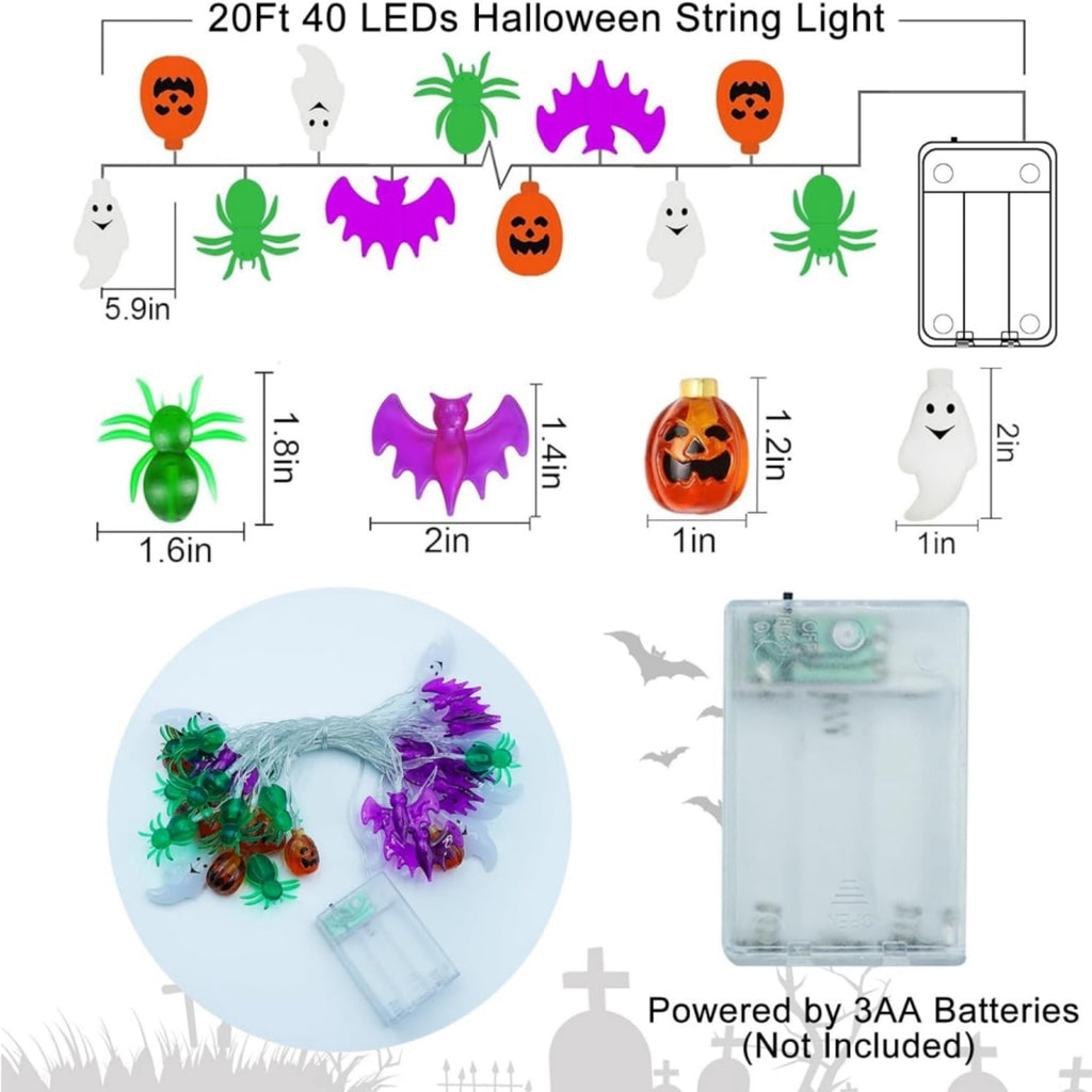 Katinyos Halloween Lights Decor,16 FT 40 LED 3D Pumpkin Bat Ghost Battery Operated String Lights with 8 Lighting Modes
