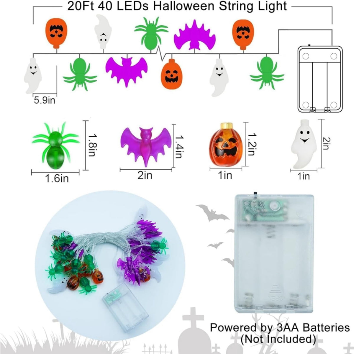 Katinyos Halloween Lights Decor,16 FT 40 LED 3D Pumpkin Bat Ghost Battery Operated String Lights with 8 Lighting Modes