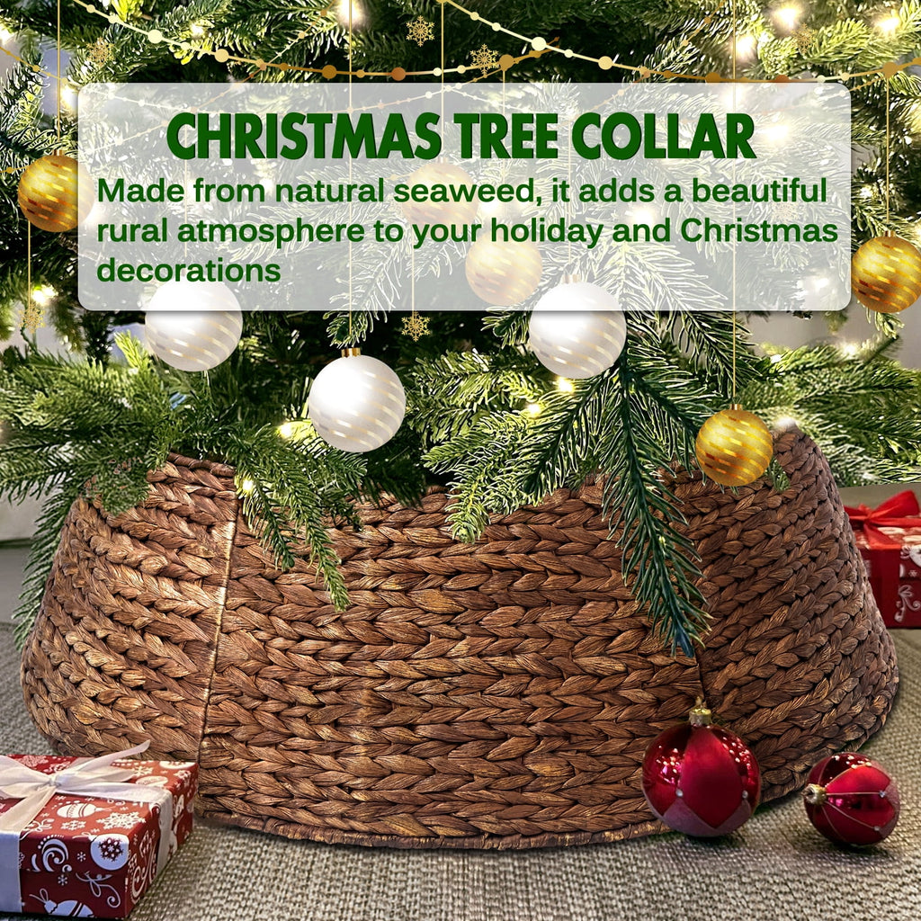Ayieyill 26in Woven Hyacinth Christmas Tree Collar, Christmas Tree Decorations, Tree Skirt Accessory w/ Cord Cut-Out | Black