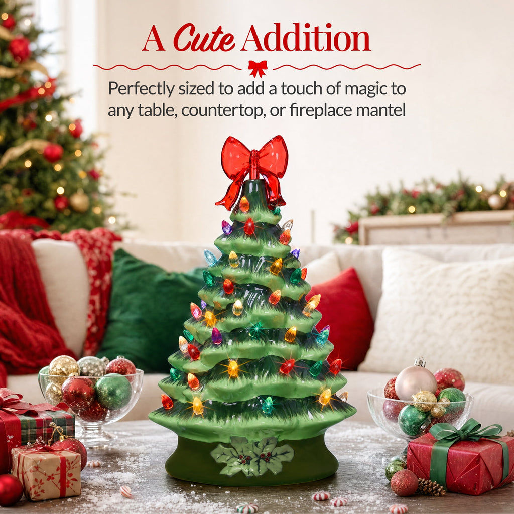 Best Choice Products Ceramic Christmas Tree, Pre-lit Hand-Painted Tabletop Holiday Tree - Green w/ Multicolored Lights