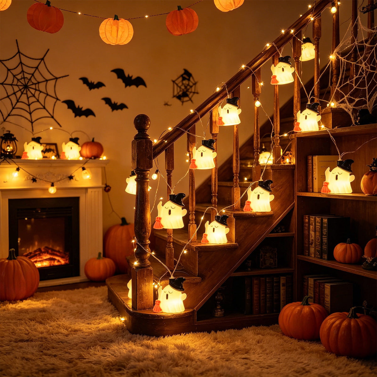 AZXY Halloween String Lights, Ghost Shaped White Halloween Lights, Indoor Outdoor Halloween Decor, Halloween Party Indoor Decor, Battery 5 FT Halloween Decorations, Stair Mantel Patio Halloween Decor