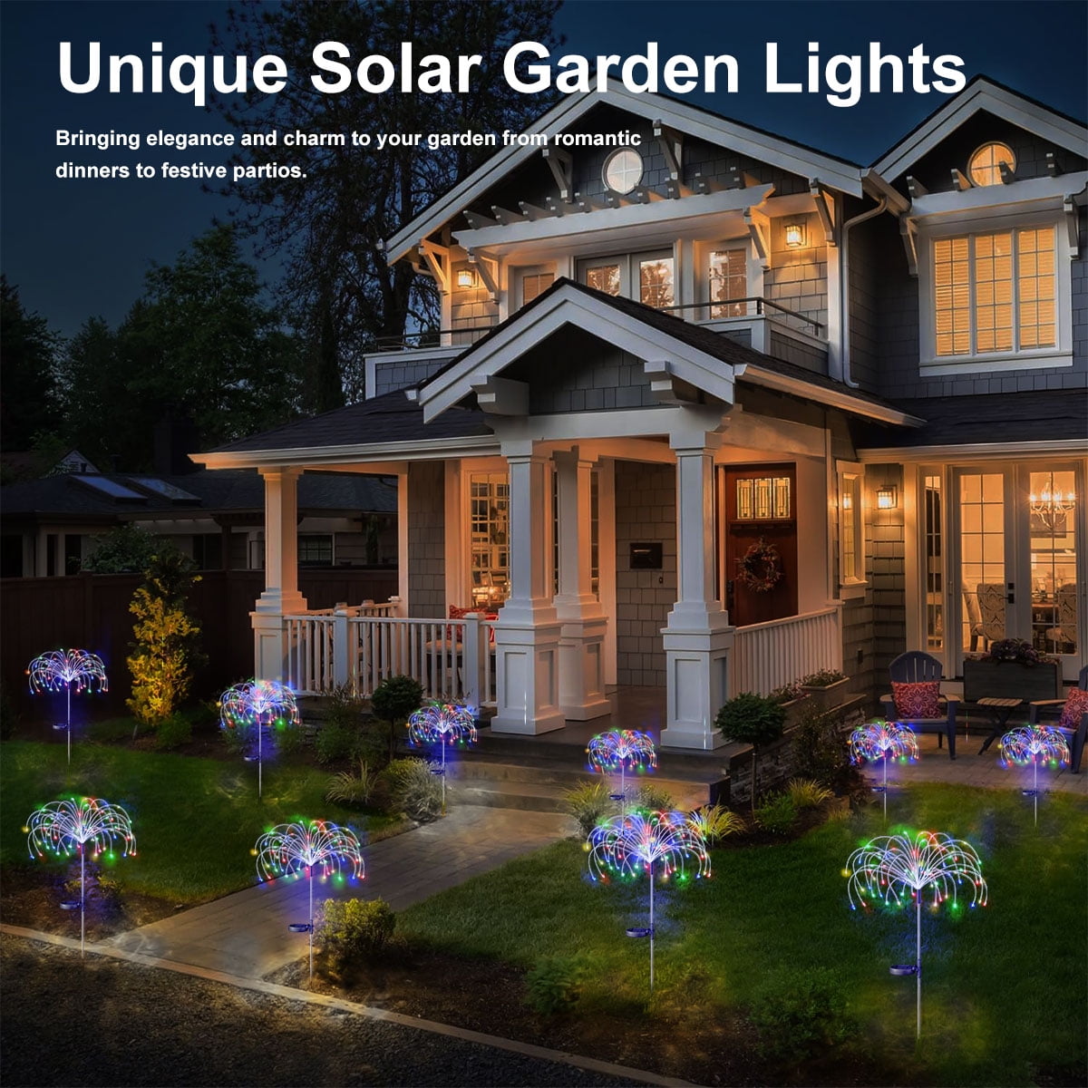 Rirool 2 Pack Solar Firework Lights, 120 LED Outdoor Garden Lights, Waterproof IP65 Pathway Yard Decor, DIY Copper Wire, Auto On/Off, Warm White