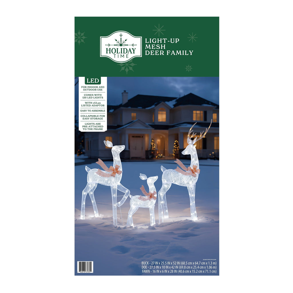 Indoor/Outdoor Light-Up Mesh 2D Deer Family Christmas Decoration with 120 LED Lights, Cool White, Set of 3, by Holiday Time