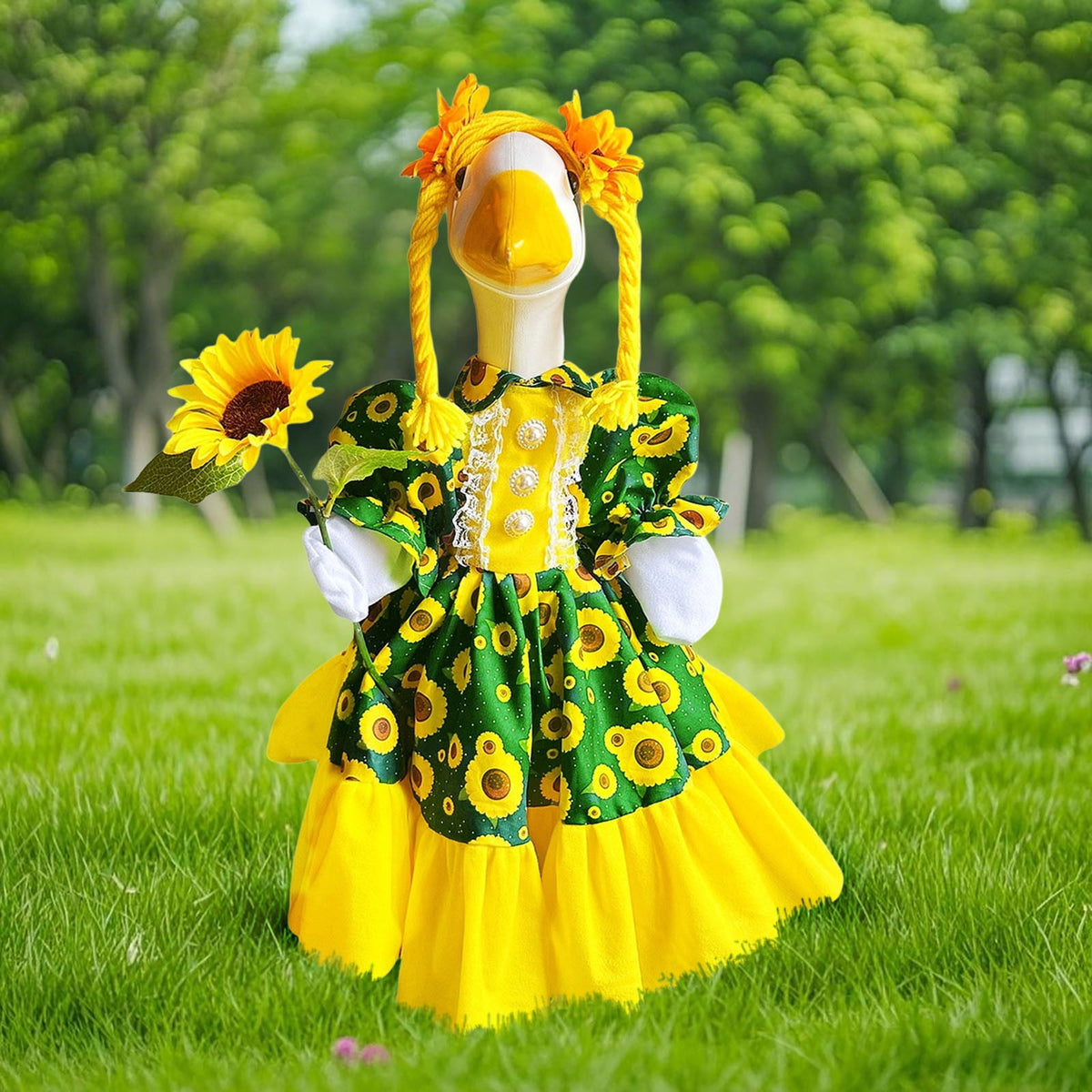 AZXY Thanksgiving Porch Goose Outfit, 23 Inch Lawn Goose Costume with Pilgrim Hat & Pumpkin Turkey Print Dress, Goose Clothes for Cement Plastic Goose Statue, Outdoor Yard Patio Fall Garden Decor