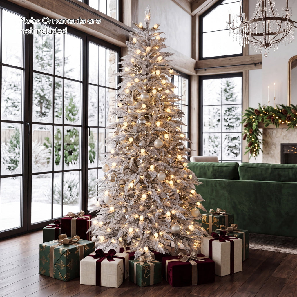 Costway 7 ft Flocked Cypress Christmas Tree with 710 Full PE Branch Tips, 350 LED Lights Sparse-Style White
