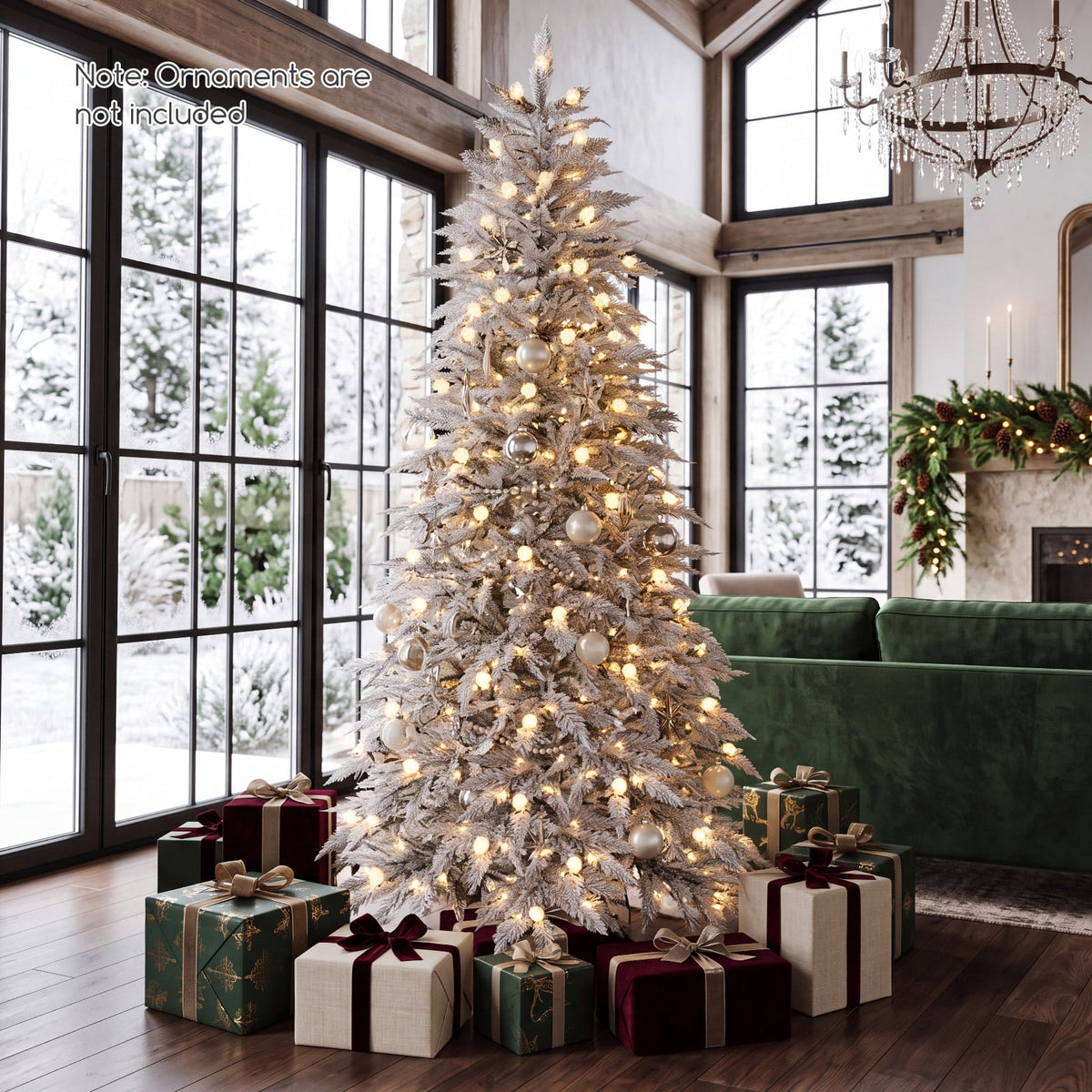Costway 7 ft Flocked Cypress Christmas Tree with 710 Full PE Branch Tips, 350 LED Lights Sparse-Style White