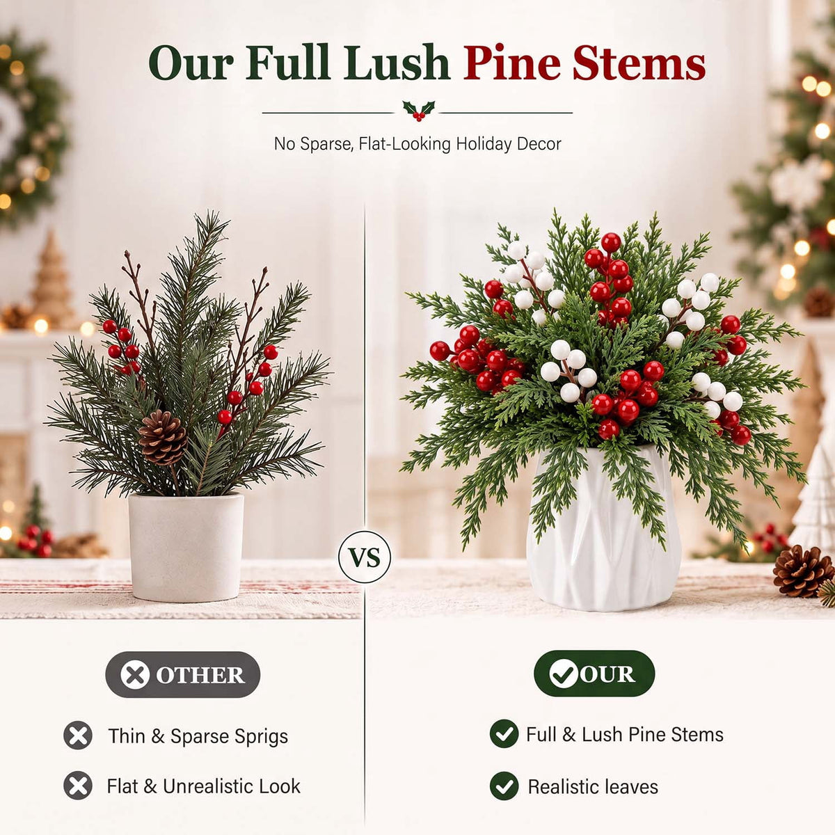 Ayieyill 39 Pack Artificial Pine Branches, 13.5 Inch Christmas Greenery Stems with Red & White Berries for Vase DIY Christmas Decorations Indoor