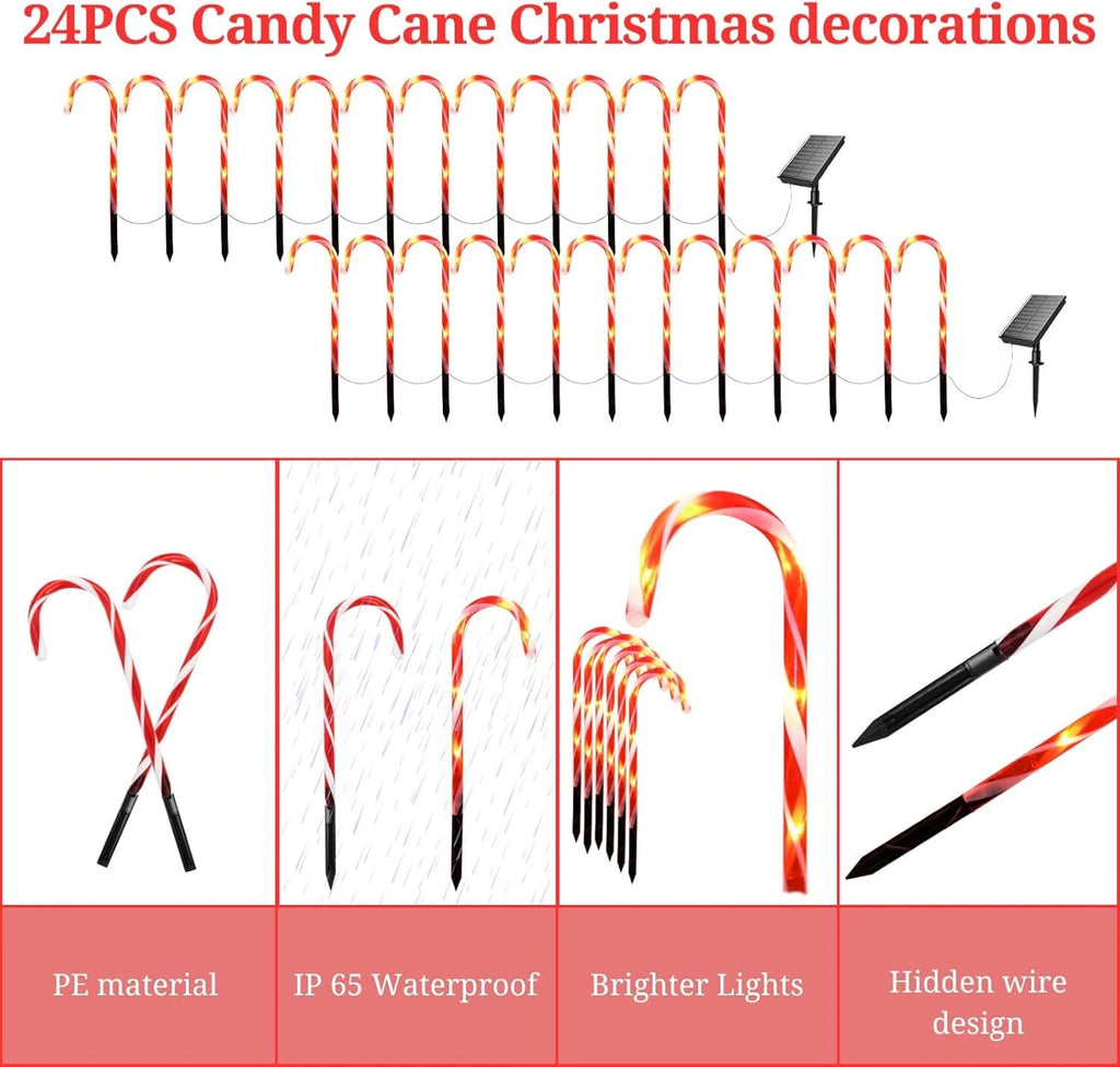24 Pack Solar Christmas Candy Cane Lights, IP65 Waterproof Pathway Markers with 8 Lighting Modes, Auto On/Off Solar Powered Outdoor Decor for Garden, Patio, Yard