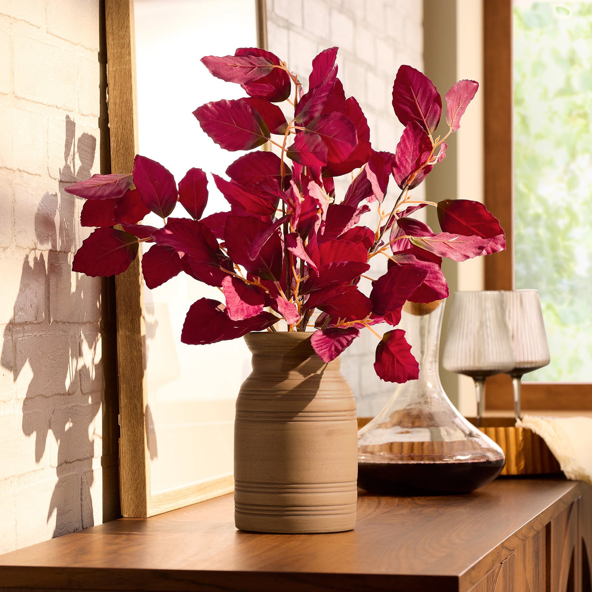Better Homes and Gardens 19.5"H Artificial Real Touch Burgundy Leaves in 7.38"H Brown Ceramic Vase Made for Tabletops - 1.76 lbs