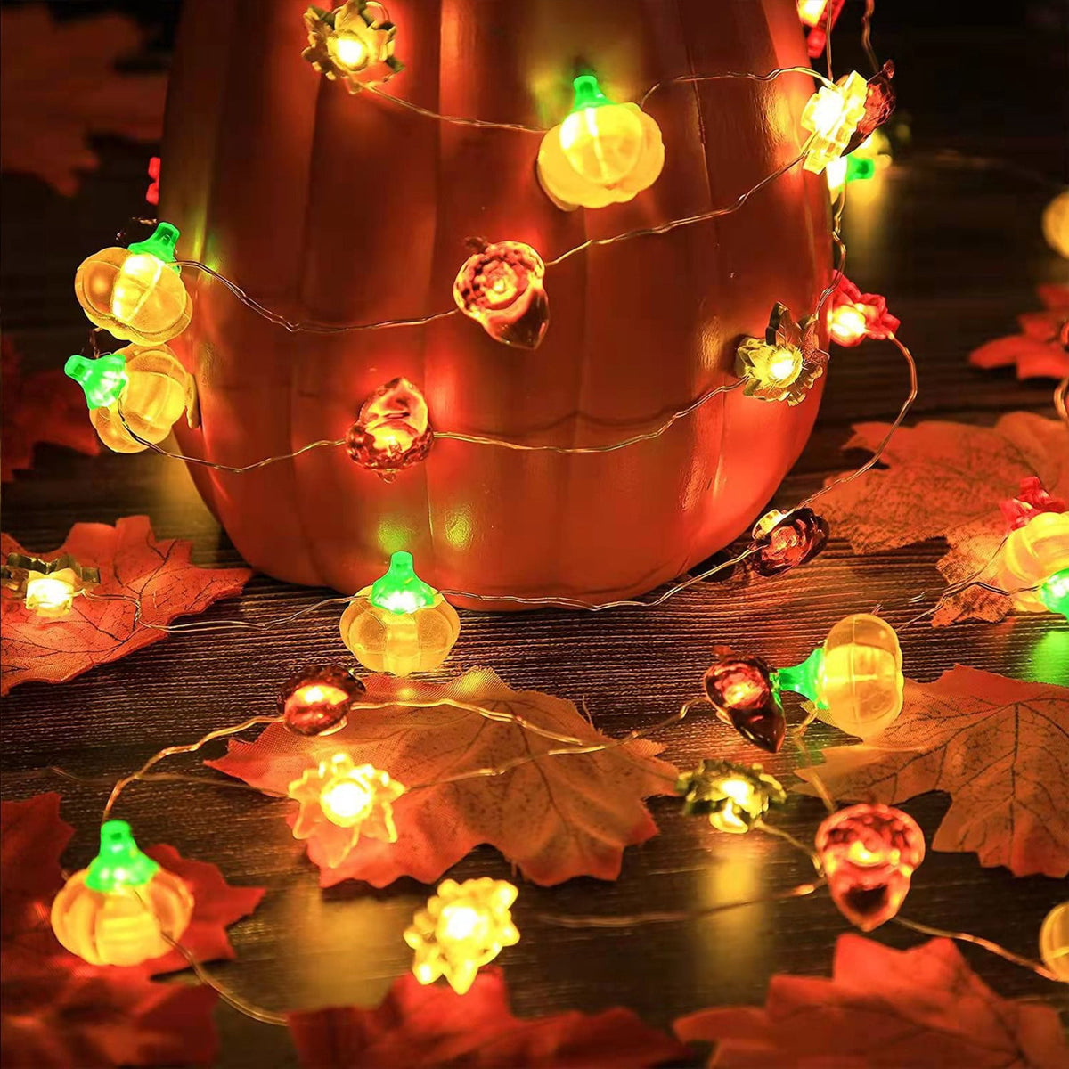 Thanksgiving Decoration Acorn 3D Pumpkin Maple Leaf String Lights Battery Operated 6.5ft 10 LEDs Orange Fall Lights for Home Autumn Garland Harvest Halloween Party Christmas Decor