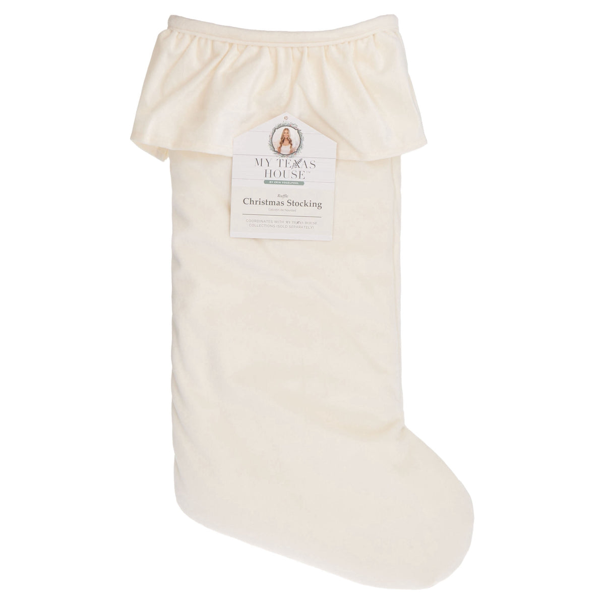 My Texas House Ruffle Christmas Stocking, Ivory, 20"