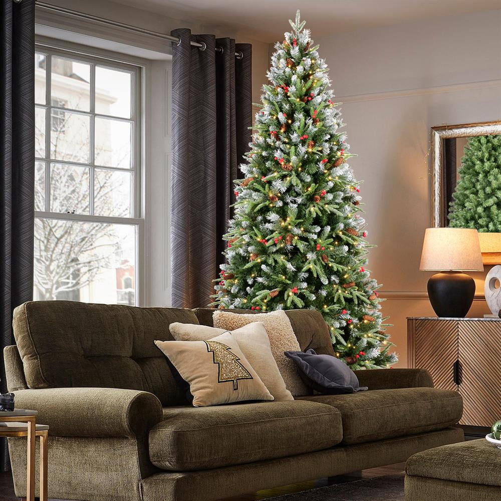 Topcobe Premium Artificial 7ft Green LED Christmas Tree, Foldable Base, Mixed Branch Tips, Red Fruits & Pine Cones for Indoor Holiday Decorating
