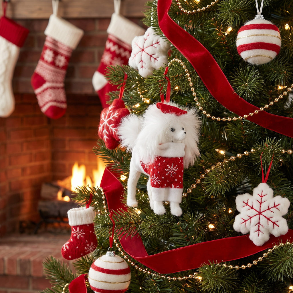 White and Red Plush Poodle Christmas Ornament, 5", by Holiday Time