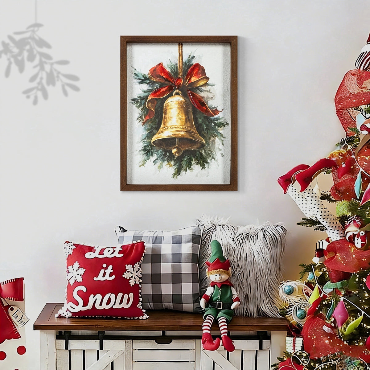 Bell with Ribbon Framed Christmas Wall Art, Multicolor, 9" x 12", by Holiday Time