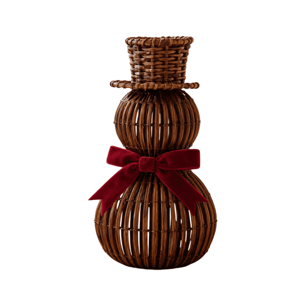 FeiBiQiuBi 14.9" Resin Rattan Style Snowman, Rustic Snowman Decorations with Bow, Woven Natural Style Freestanding Design Winter Farmhouse Decor for Home Kitchen Garden, Holiday Table Mantel Decor