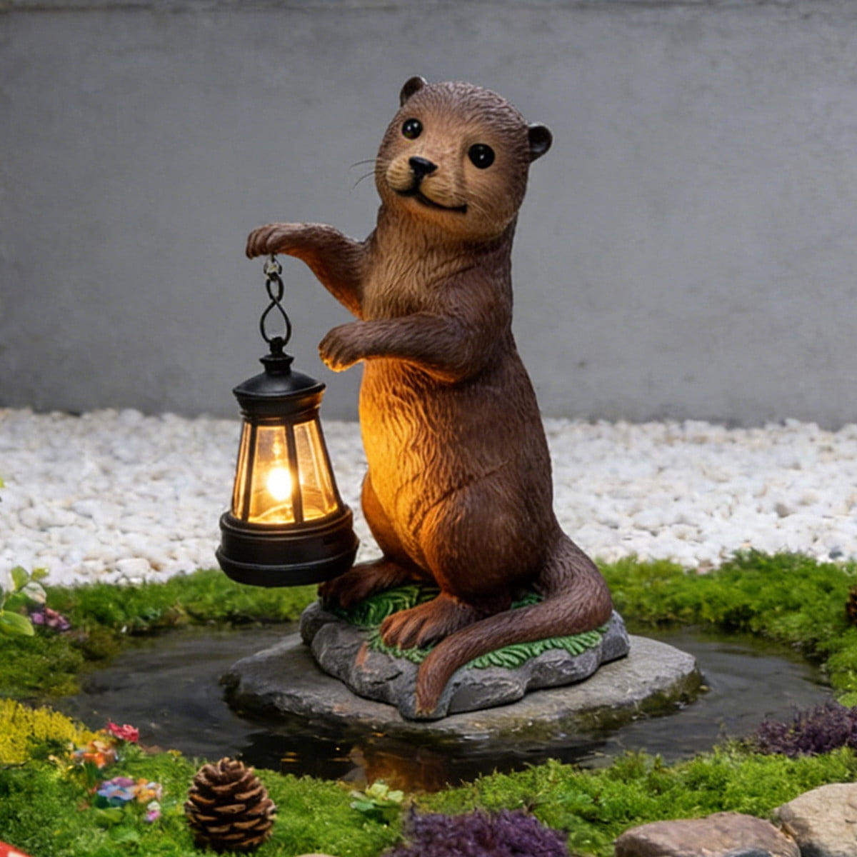 Solar Powered Resin Otters Lantern IP44 Waterproof Outdoor Decorative Light Warm Ambient Lighting Auto On/Off Handcrafted Statue for Garden Patio Yard Lawn Pathway Holiday Gift for Plant Lovers