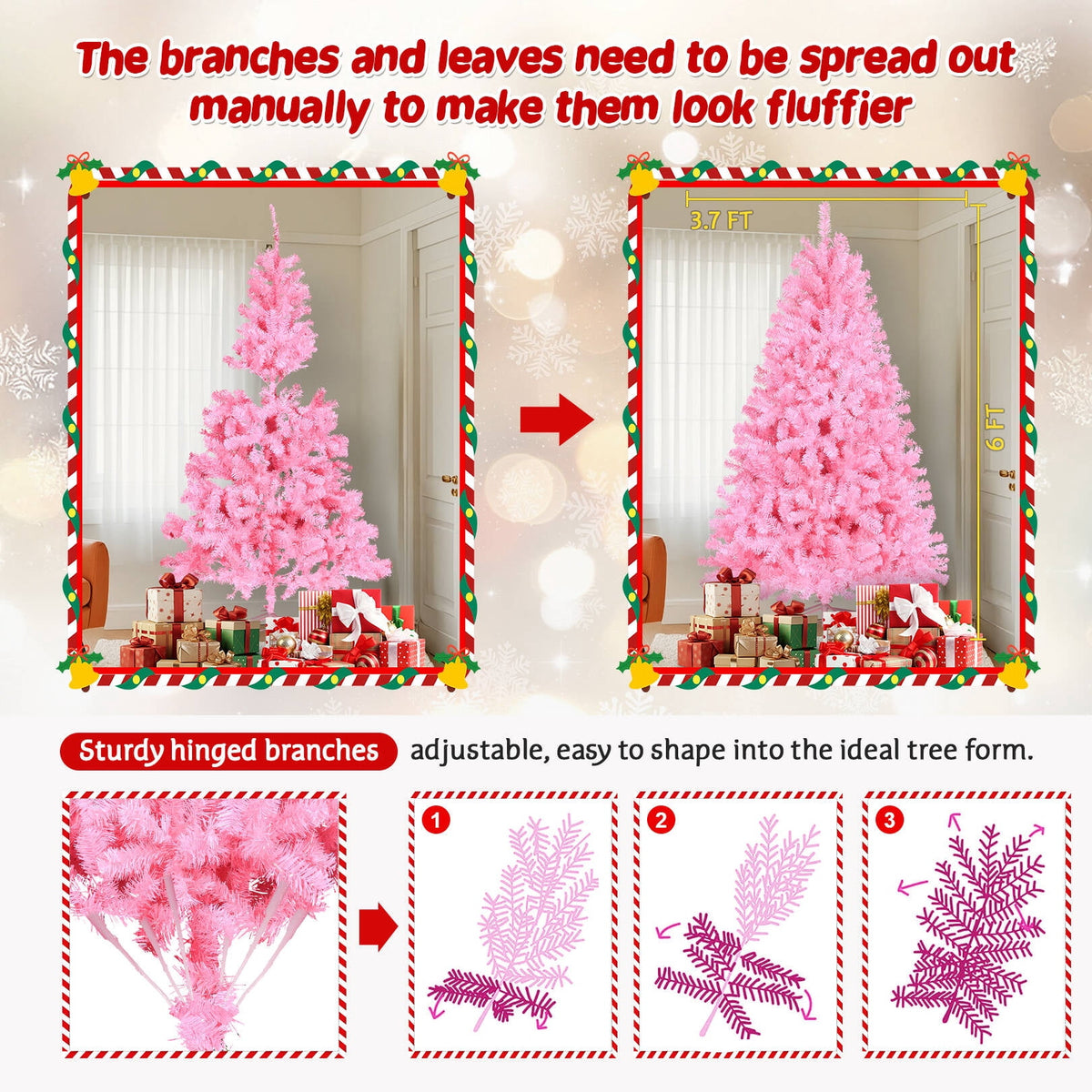 Funcid 6ft Green Artificial Christmas Tree, Hinged Spruce Full Tree with 1477 Branch Tips, Foldable Metal Stand, New PVC Material, Xmas Tree for Indoor and Outdoor Decoration