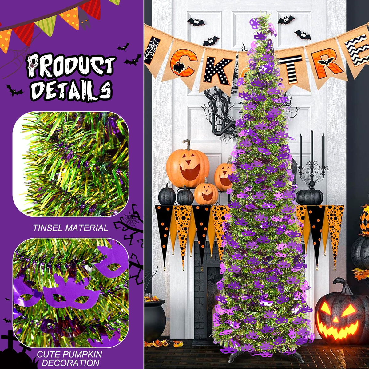 Ayieyill 5ft Halloween Tree Prelit, Pencil Pop up Tree with Light Halloween Decoration | Indoor | Black