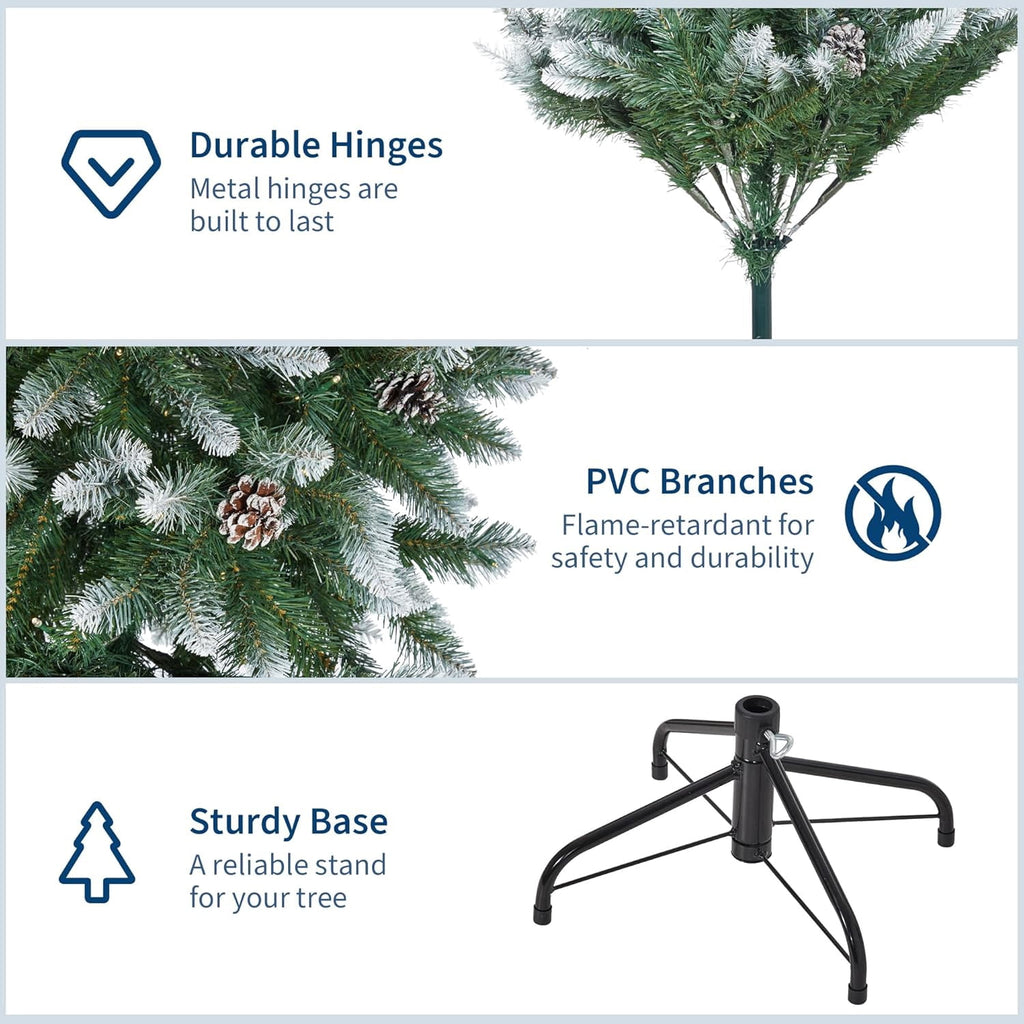 9FT Premium Spruce Artificial Christmas Tree, Pre-Lit with Realistic Hinged Branches, Heavy-Duty Foldable Metal Stand for Home, Office & Large Space Holiday Display