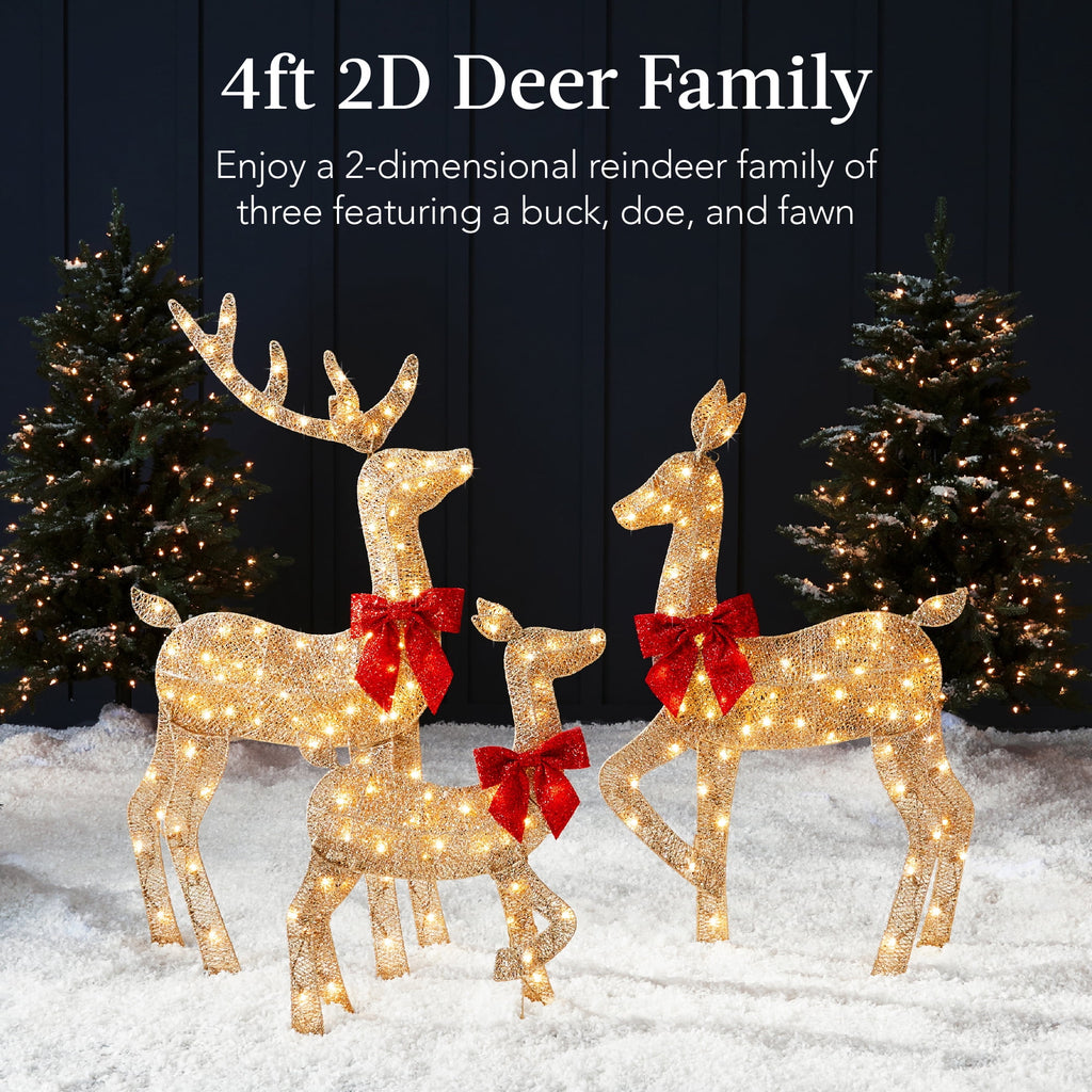 Best Choice Products 3-Piece 2D Deer Family Set, Lighted Christmas Outdoor Decoration w/ 175 Lights, Stakes - Gold