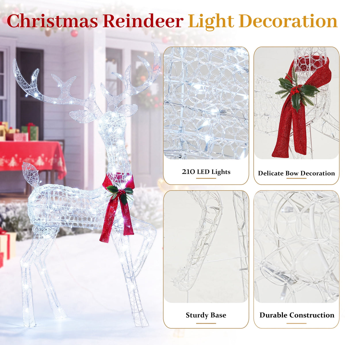 FOOWIN 3-Piece Large Christmas Deer Family, Lighted Outdoor Christmas Decoration, Champagne Gold