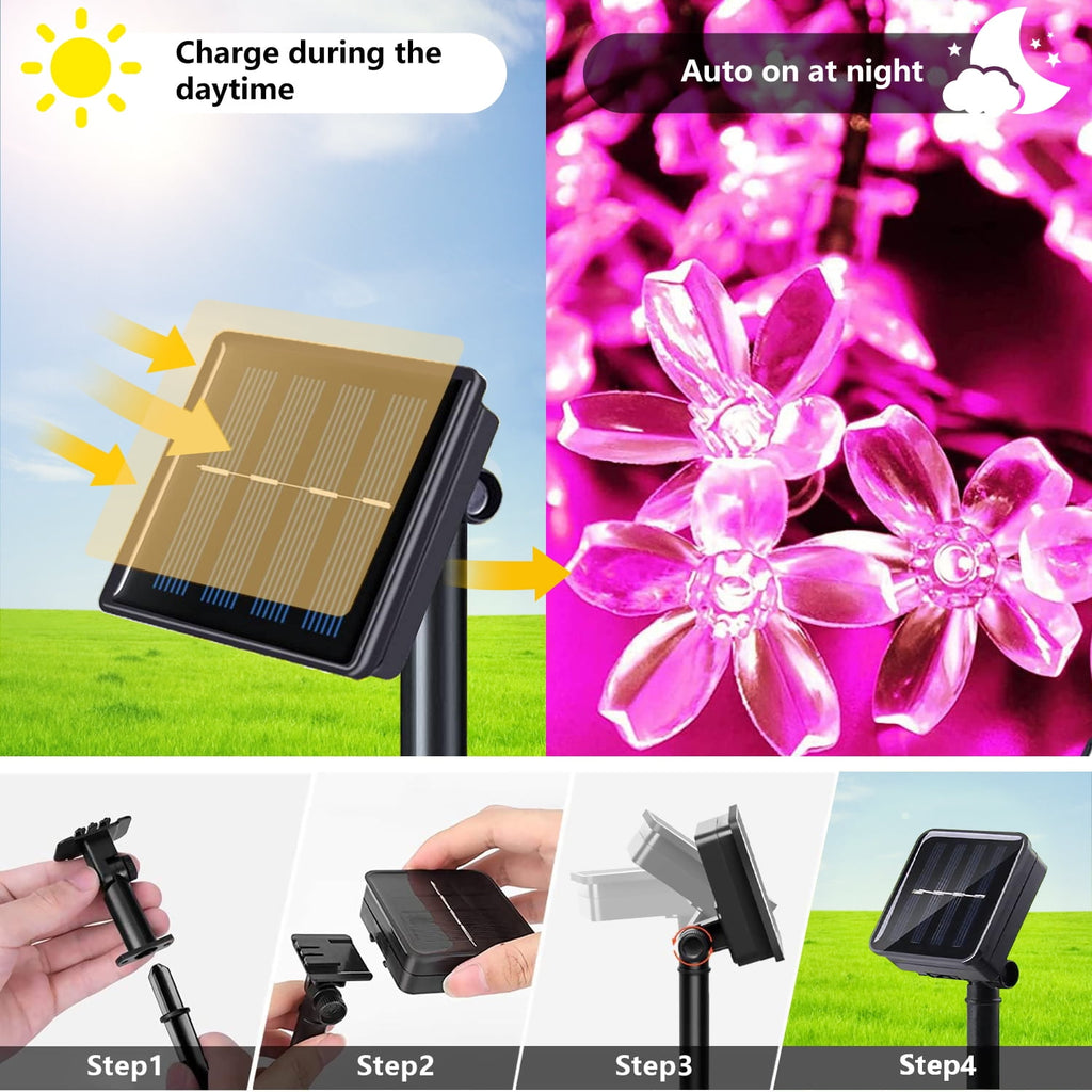 Rirool Cherry Blossom Solar String Lights Outdoor, 23FT 50 LED Flower Fairy Lights with 2 Lighting Modes, IP65 Waterproof Auto On/Off for Garden Patio Wedding Christmas Decor, Multicolor