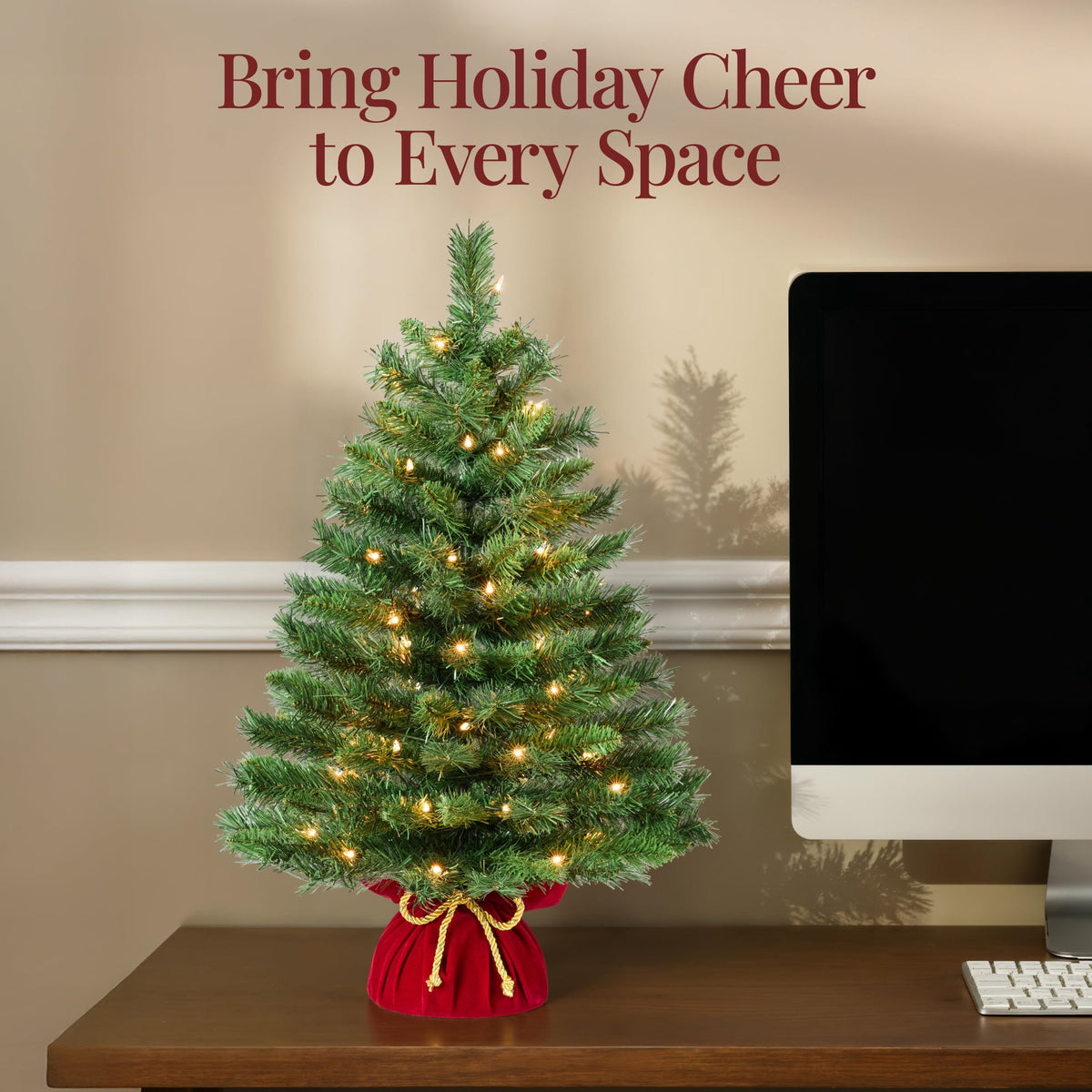 Best Choice Products Pre-Lit 24inch Tabletop Christmas Tree, Small Holiday Artificial Desktop Decor w/Warm White Lights, Red Velvet Cover