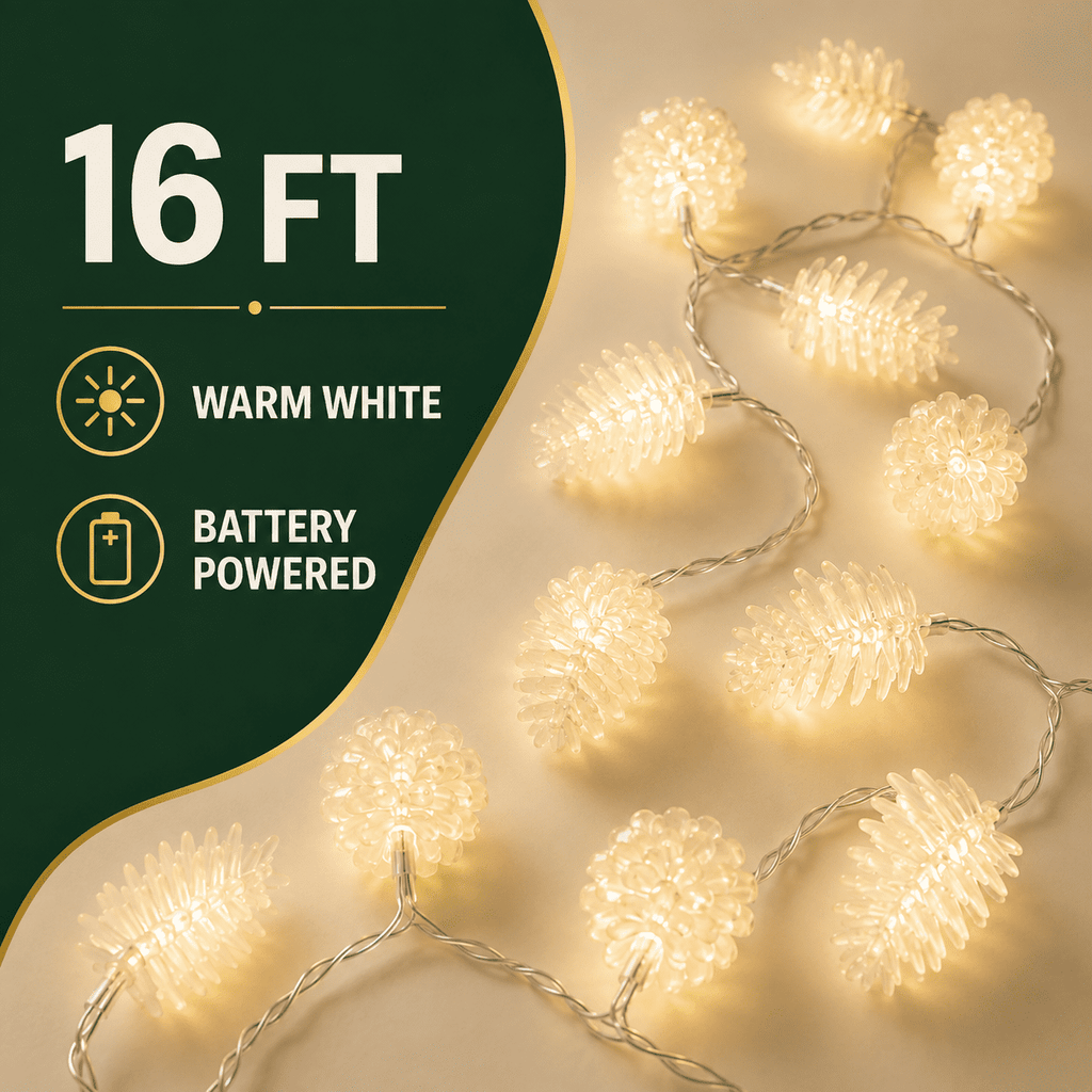 16 ft 50 LED Pinecone String Lights, Warm White Battery Operated Indoor Christmas Lights with 6 Adhesive Clips, TW Design