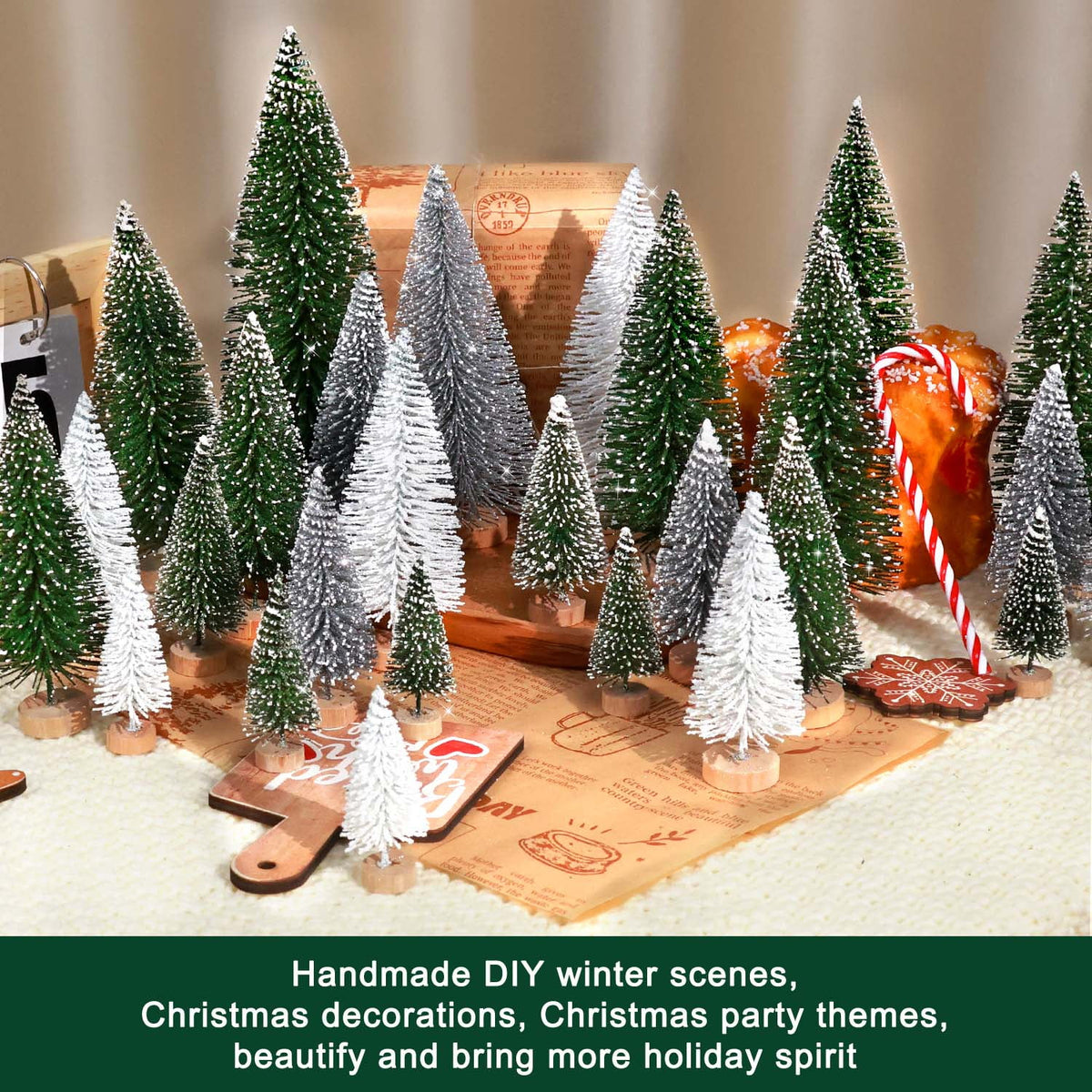 Ayieyill 30PCS Artificial Mini Christmas Trees, Mini Pine Tree Sisal Trees with Wood Base Bottle Brush Trees for Christmas Table Top Decor Winter Crafts Ornaments