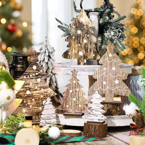 6 Piece Wooden Christmas Tree Tabletop Decor 6 Sizes Rustic Tiered Tray Centerpieces