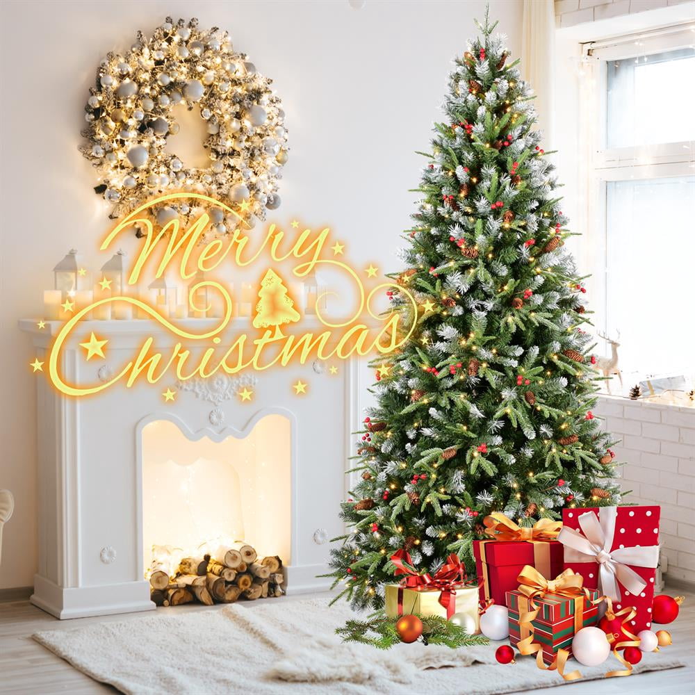 Topcobe Premium Artificial 7ft Green LED Christmas Tree, Foldable Base, Mixed Branch Tips, Red Fruits & Pine Cones for Indoor Holiday Decorating