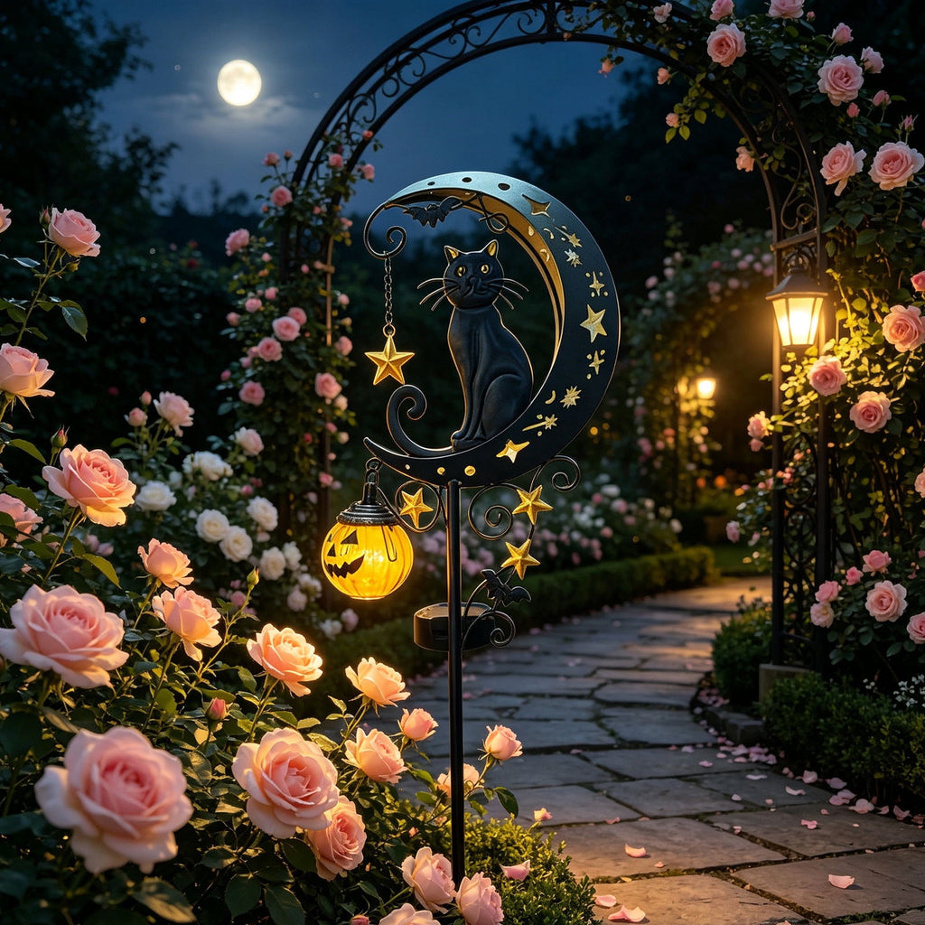 Solar Halloween Metal Moon Black Cat Garden Stake with LED Pumpkin Lantern, Light Up Star Bat Yard Decor Stake, Spooky Outdoor Lawn Pathway Halloween Decoration
