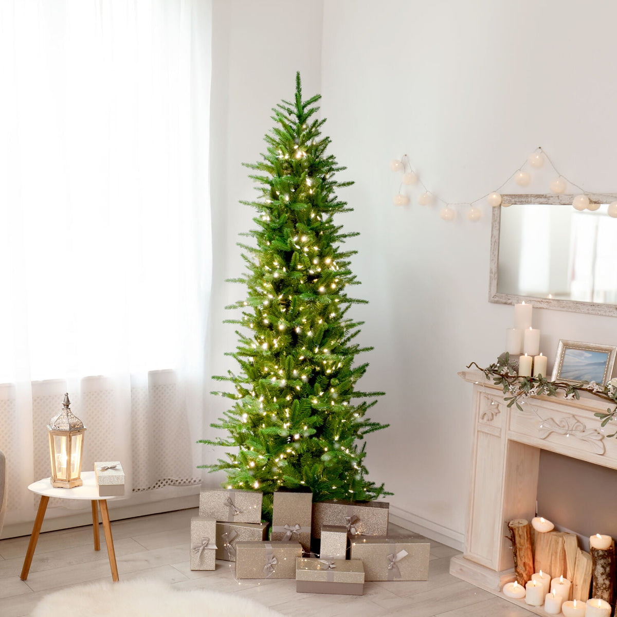 Fraser Hill Farm 6.5-Ft. Carmel Pine Slim Christmas Tree with White Incandescent Smart Lights, FFCP065-3GR