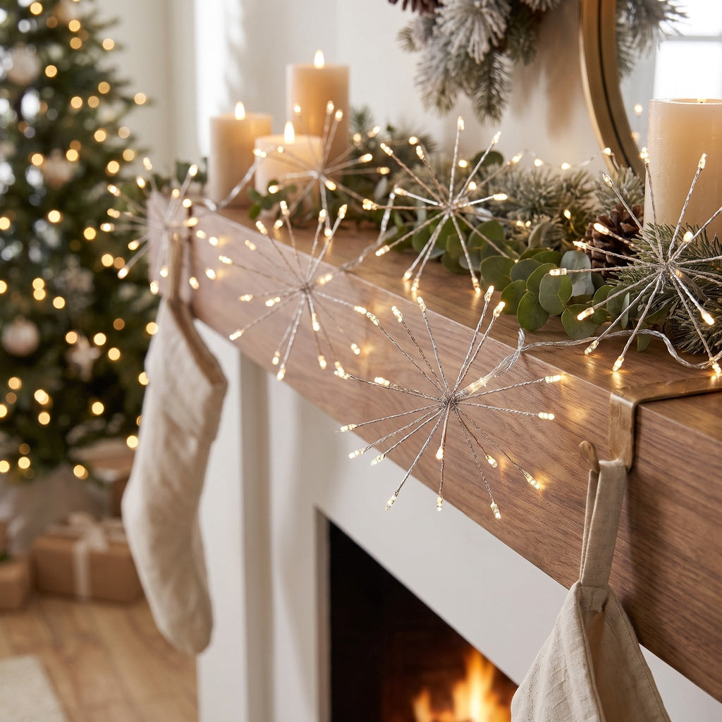 Indoor 96-Count Battery-Operated LED Starburst Christmas Garland Lights, Warm White, Silver Wire, 5.5', by Holiday Time